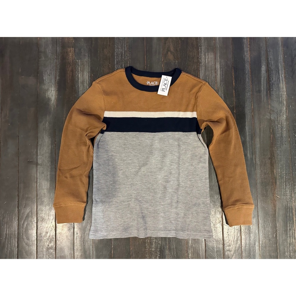 The Childrens Place Boys Waffle Knit Thermal Long Sleeve Shirt Brown Grey Navy